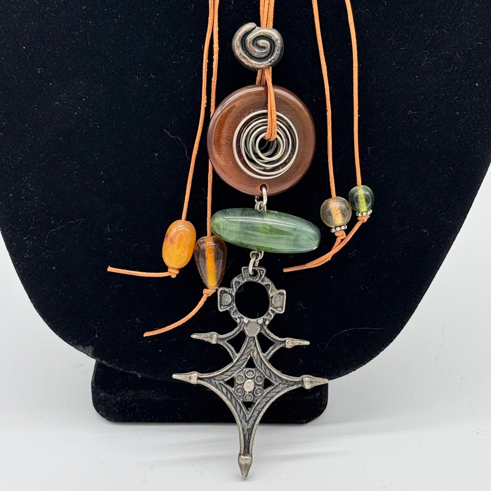 Vintage Tuareg Agadez Cross Necklace Multi Strand Leather Agate Bead Tribal 30"